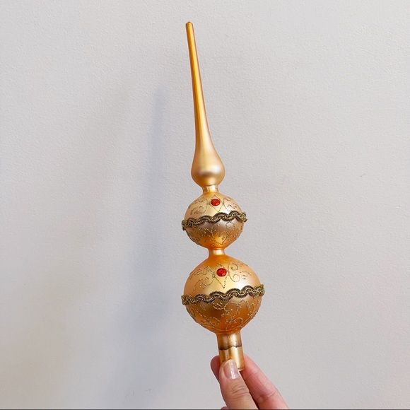 Kurt Adler Other - Vintage Kurt Adler Hand Blown Glass Peach Glitter Embellished Tree Topper 13”